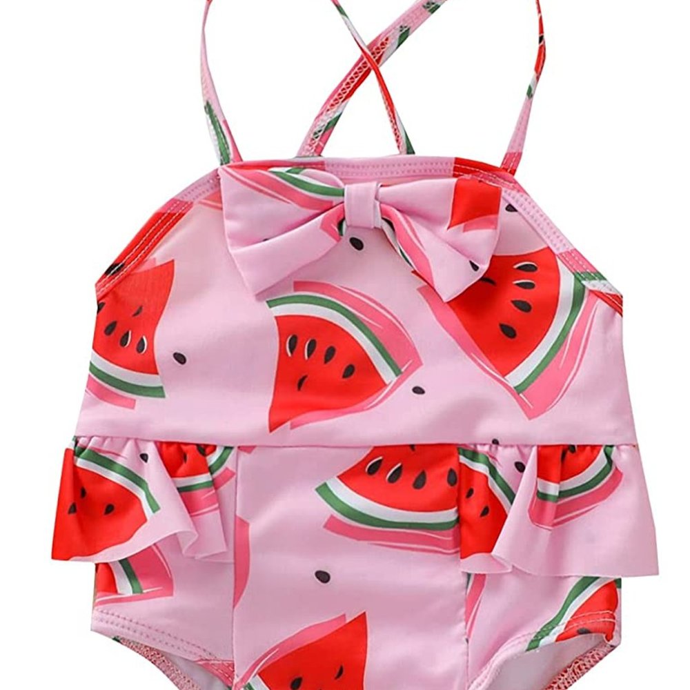Pink Watermelon Print One-Piece Ruffle Crisscross Back Baby Girl Swimsuit